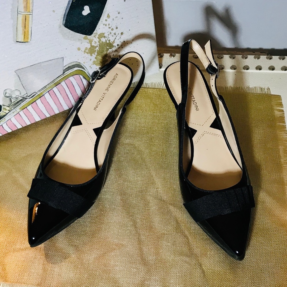 Adrienne Vittadini Black Patent Pointed Toe Slingback Heels